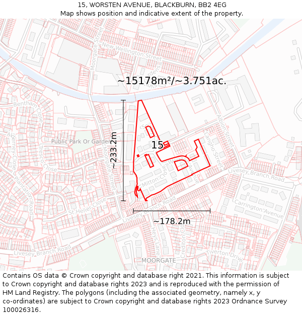 15, WORSTEN AVENUE, BLACKBURN, BB2 4EG: Plot and title map