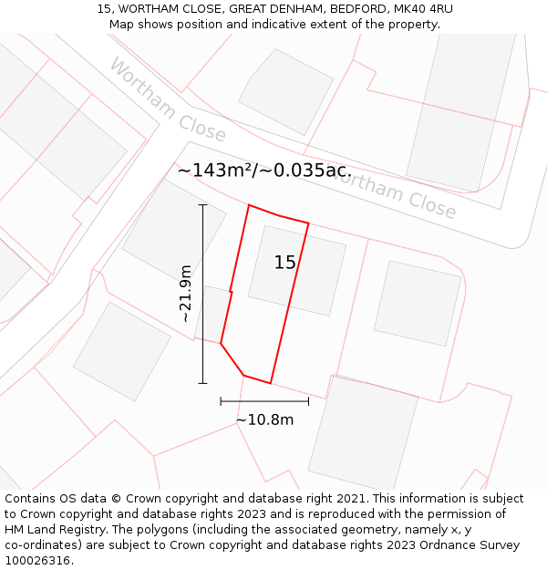 15, WORTHAM CLOSE, GREAT DENHAM, BEDFORD, MK40 4RU: Plot and title map