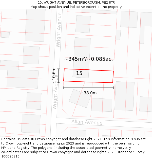 15, WRIGHT AVENUE, PETERBOROUGH, PE2 8TR: Plot and title map