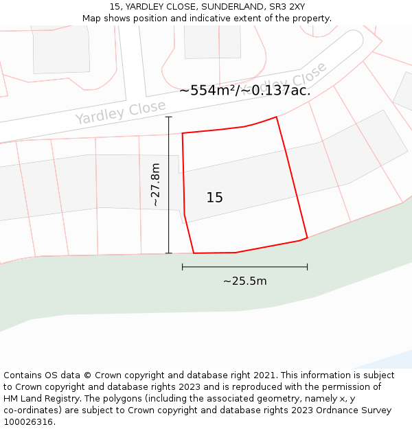 15, YARDLEY CLOSE, SUNDERLAND, SR3 2XY: Plot and title map