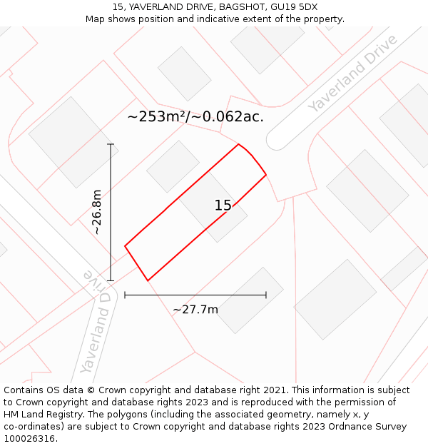 15, YAVERLAND DRIVE, BAGSHOT, GU19 5DX: Plot and title map