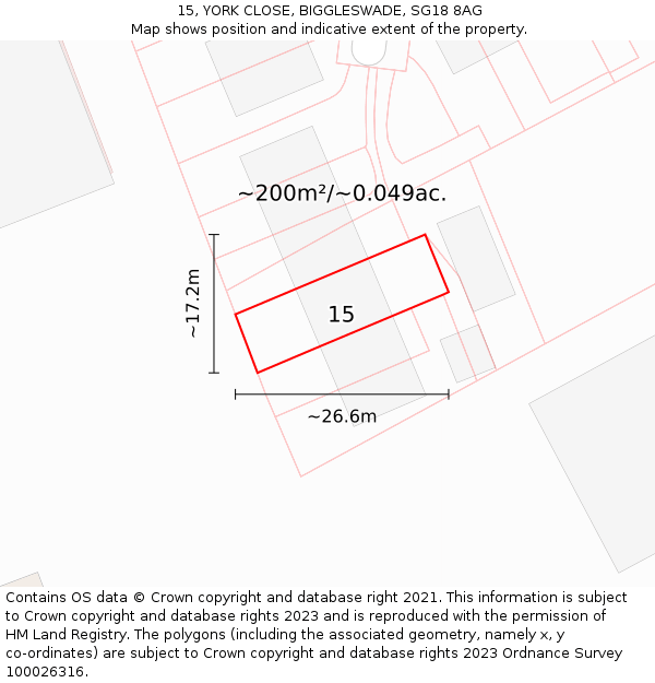 15, YORK CLOSE, BIGGLESWADE, SG18 8AG: Plot and title map