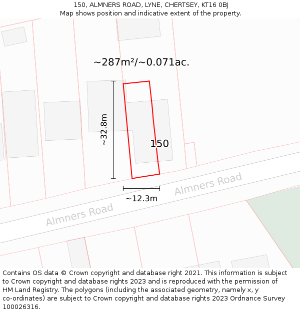 150, ALMNERS ROAD, LYNE, CHERTSEY, KT16 0BJ: Plot and title map