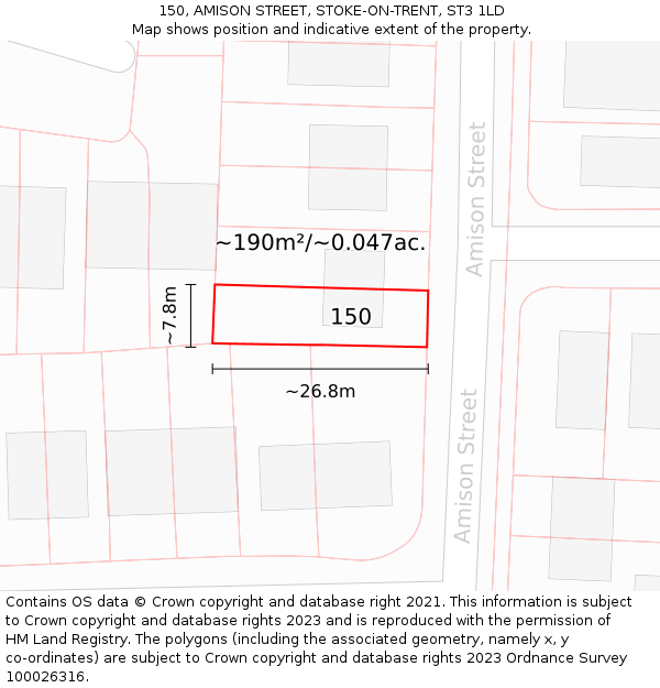 150, AMISON STREET, STOKE-ON-TRENT, ST3 1LD: Plot and title map