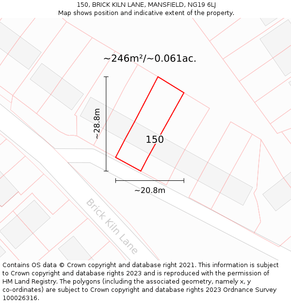 150, BRICK KILN LANE, MANSFIELD, NG19 6LJ: Plot and title map