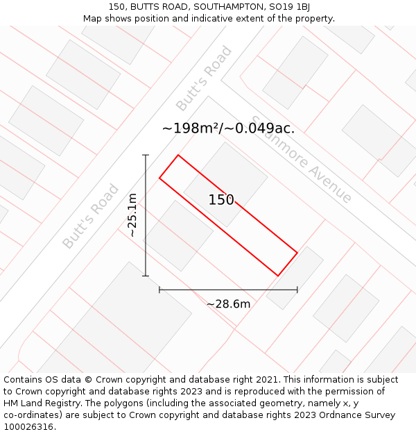 150, BUTTS ROAD, SOUTHAMPTON, SO19 1BJ: Plot and title map