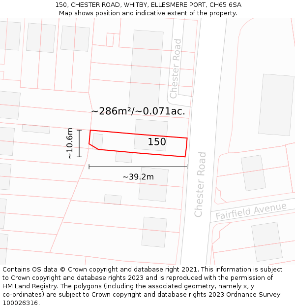 150, CHESTER ROAD, WHITBY, ELLESMERE PORT, CH65 6SA: Plot and title map