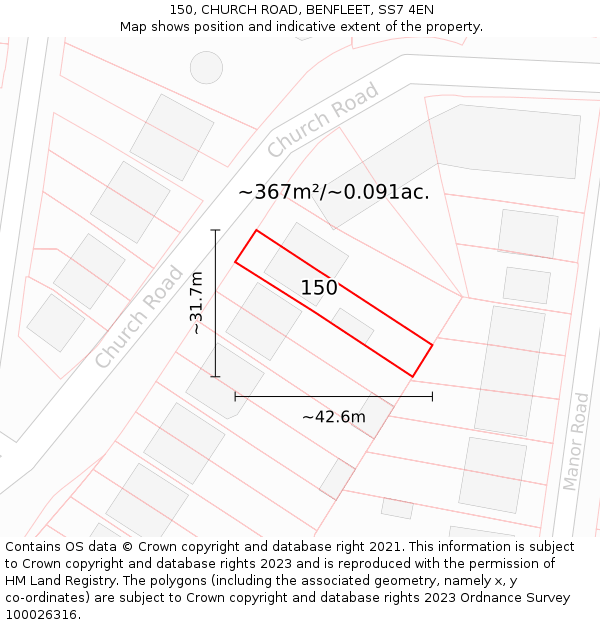 150, CHURCH ROAD, BENFLEET, SS7 4EN: Plot and title map