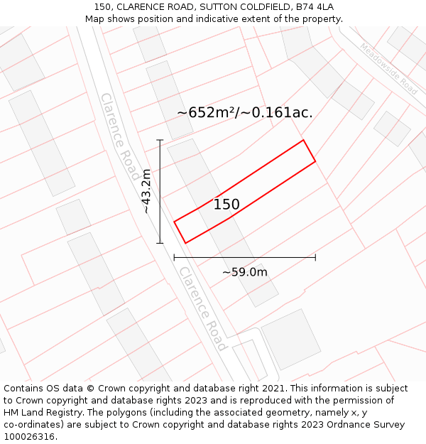 150, CLARENCE ROAD, SUTTON COLDFIELD, B74 4LA: Plot and title map