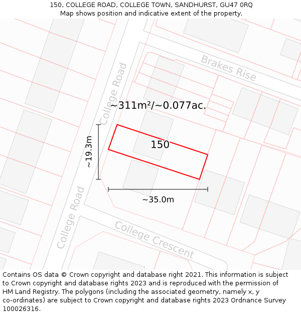 150, COLLEGE ROAD, COLLEGE TOWN, SANDHURST, GU47 0RQ: Plot and title map