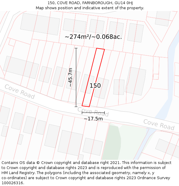 150, COVE ROAD, FARNBOROUGH, GU14 0HJ: Plot and title map