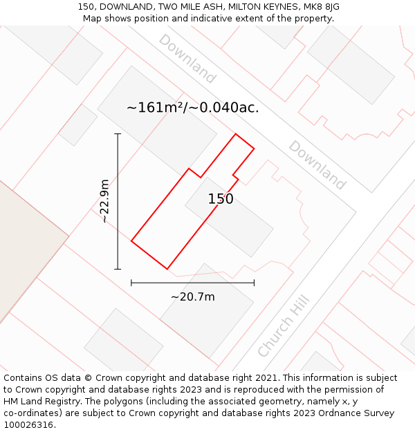 150, DOWNLAND, TWO MILE ASH, MILTON KEYNES, MK8 8JG: Plot and title map