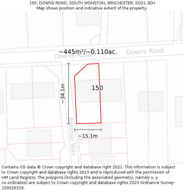 150, DOWNS ROAD, SOUTH WONSTON, WINCHESTER, SO21 3EH: Plot and title map