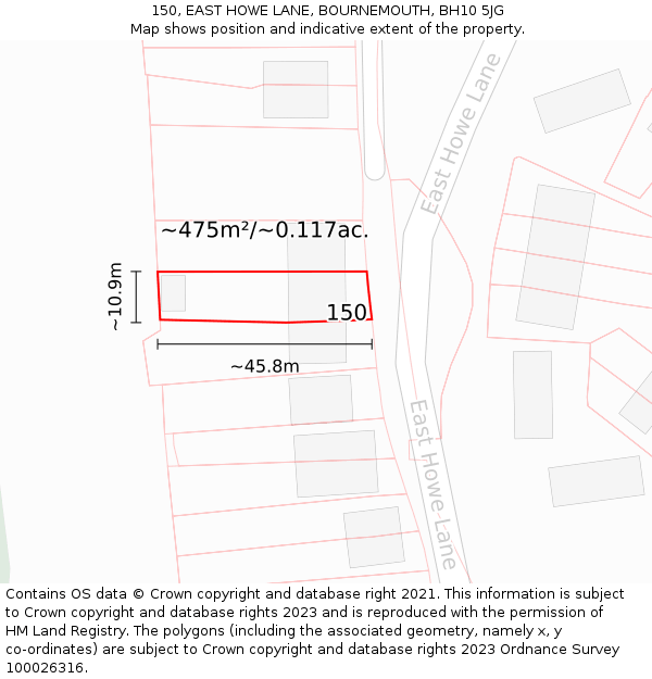 150, EAST HOWE LANE, BOURNEMOUTH, BH10 5JG: Plot and title map