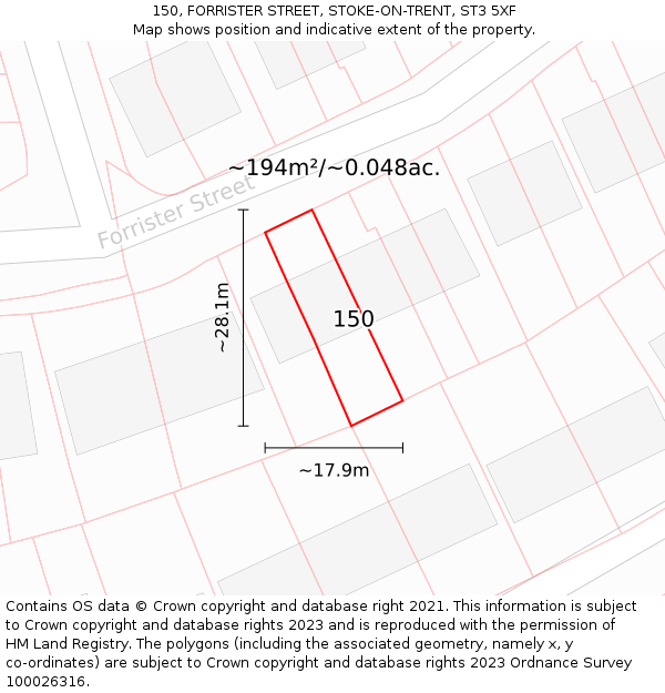 150, FORRISTER STREET, STOKE-ON-TRENT, ST3 5XF: Plot and title map