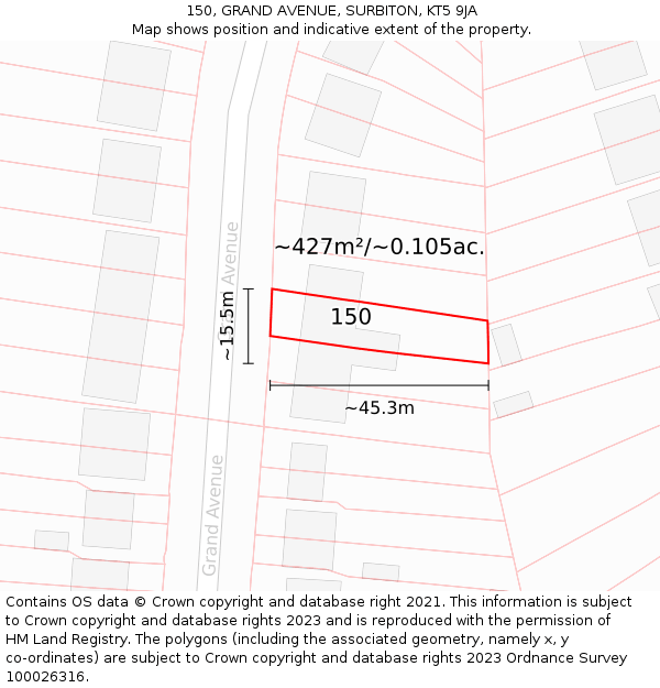 150, GRAND AVENUE, SURBITON, KT5 9JA: Plot and title map