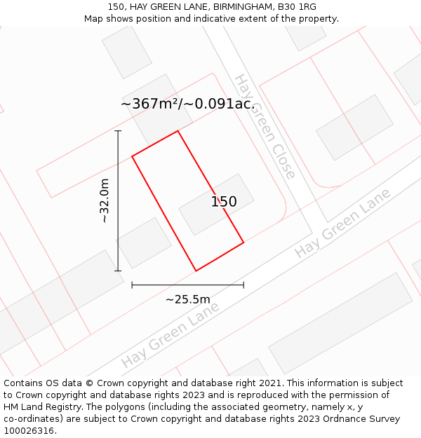 150, HAY GREEN LANE, BIRMINGHAM, B30 1RG: Plot and title map