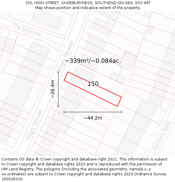 150, HIGH STREET, SHOEBURYNESS, SOUTHEND-ON-SEA, SS3 9AT: Plot and title map