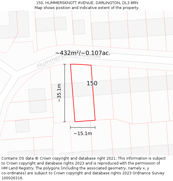 150, HUMMERSKNOTT AVENUE, DARLINGTON, DL3 8RN: Plot and title map