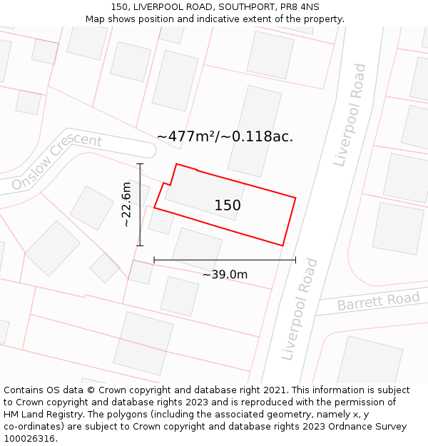 150, LIVERPOOL ROAD, SOUTHPORT, PR8 4NS: Plot and title map