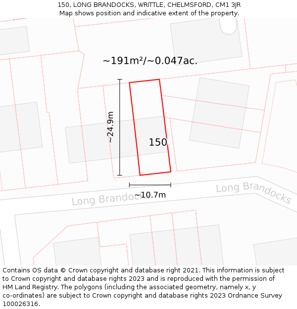 150, LONG BRANDOCKS, WRITTLE, CHELMSFORD, CM1 3JR: Plot and title map