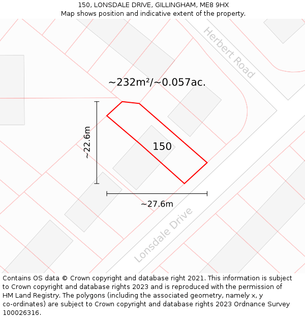 150, LONSDALE DRIVE, GILLINGHAM, ME8 9HX: Plot and title map