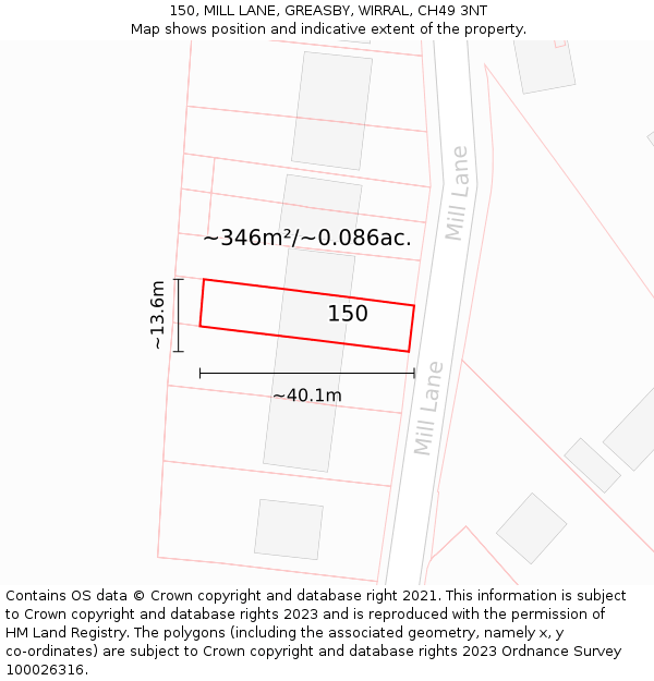 150, MILL LANE, GREASBY, WIRRAL, CH49 3NT: Plot and title map