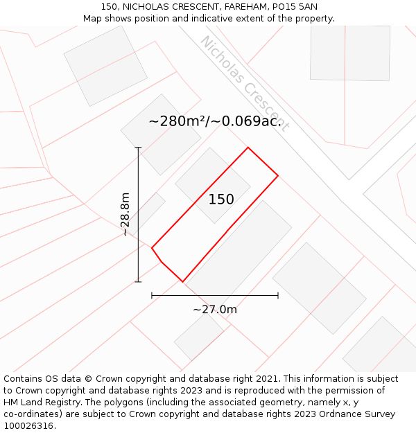 150, NICHOLAS CRESCENT, FAREHAM, PO15 5AN: Plot and title map