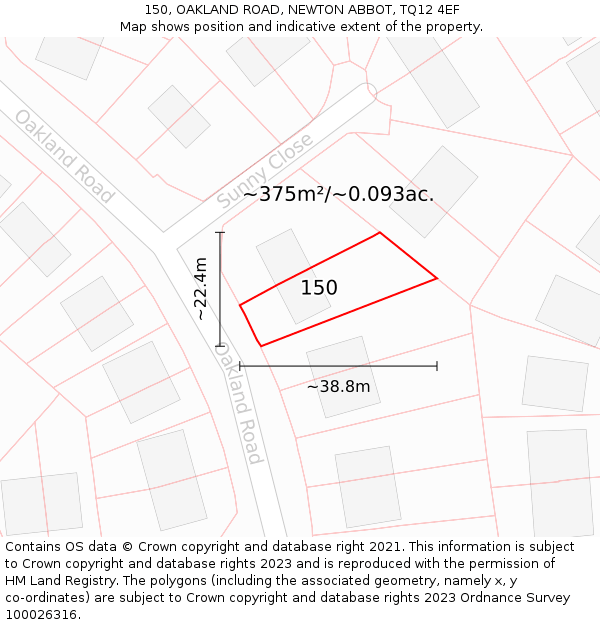 150, OAKLAND ROAD, NEWTON ABBOT, TQ12 4EF: Plot and title map