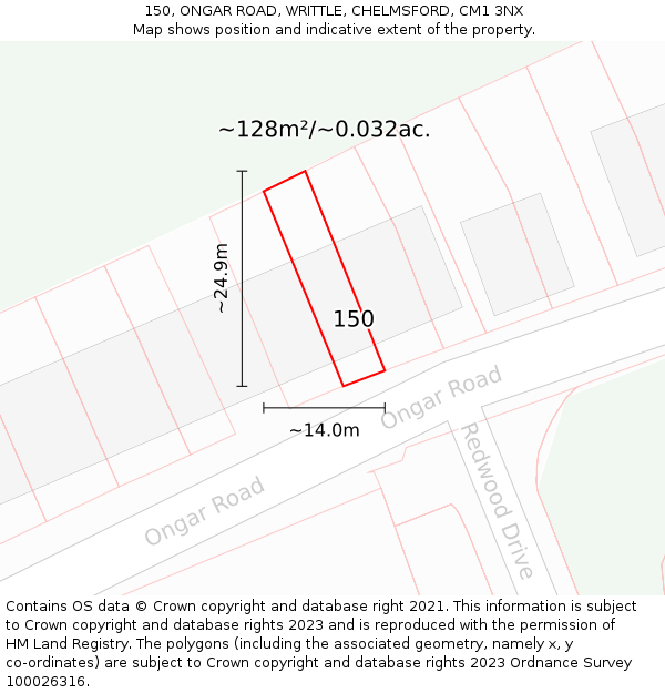 150, ONGAR ROAD, WRITTLE, CHELMSFORD, CM1 3NX: Plot and title map