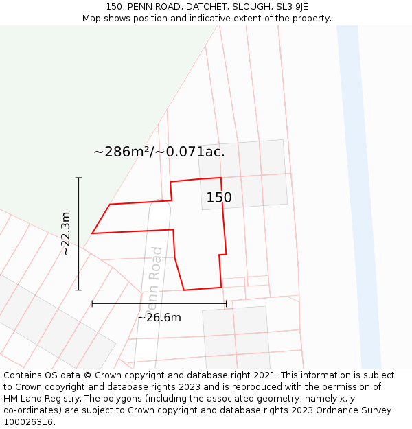 150, PENN ROAD, DATCHET, SLOUGH, SL3 9JE: Plot and title map