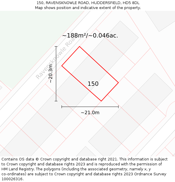 150, RAVENSKNOWLE ROAD, HUDDERSFIELD, HD5 8DL: Plot and title map