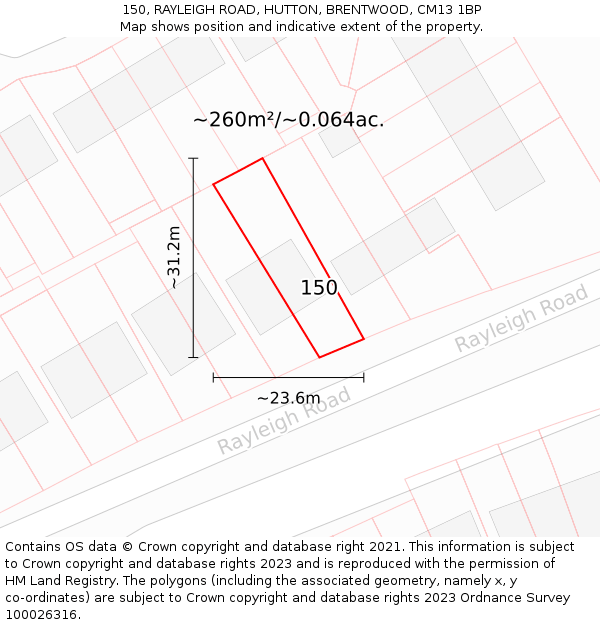 150, RAYLEIGH ROAD, HUTTON, BRENTWOOD, CM13 1BP: Plot and title map