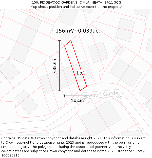 150, RIDGEWOOD GARDENS, CIMLA, NEATH, SA11 3QG: Plot and title map