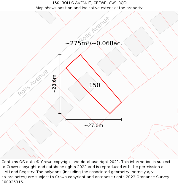 150, ROLLS AVENUE, CREWE, CW1 3QD: Plot and title map