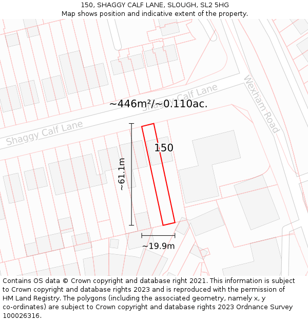 150, SHAGGY CALF LANE, SLOUGH, SL2 5HG: Plot and title map