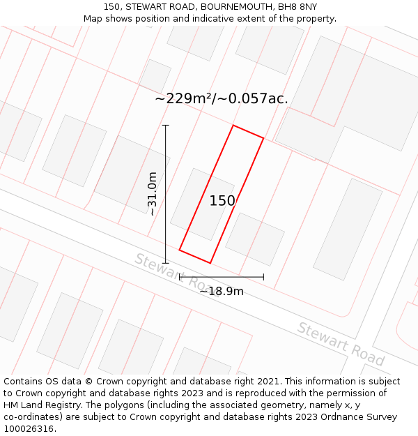 150, STEWART ROAD, BOURNEMOUTH, BH8 8NY: Plot and title map