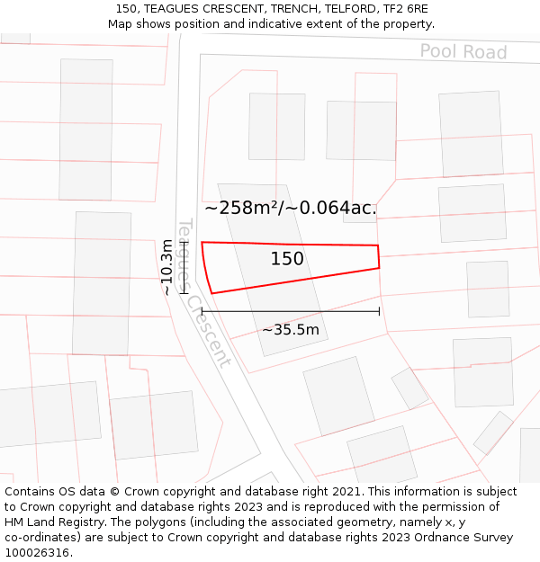 150, TEAGUES CRESCENT, TRENCH, TELFORD, TF2 6RE: Plot and title map