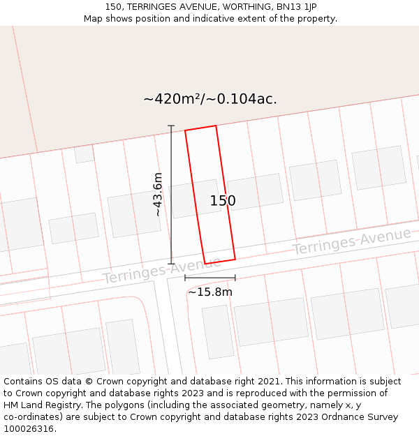 150, TERRINGES AVENUE, WORTHING, BN13 1JP: Plot and title map