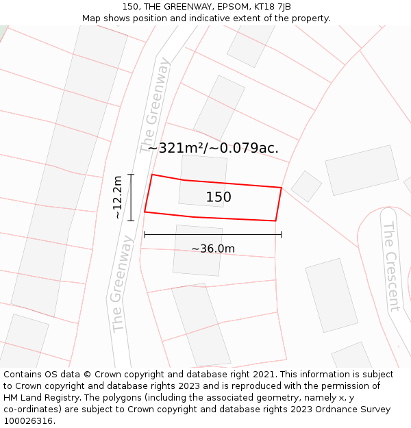 150, THE GREENWAY, EPSOM, KT18 7JB: Plot and title map