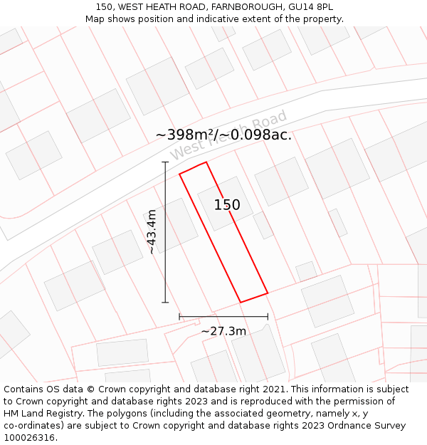 150, WEST HEATH ROAD, FARNBOROUGH, GU14 8PL: Plot and title map