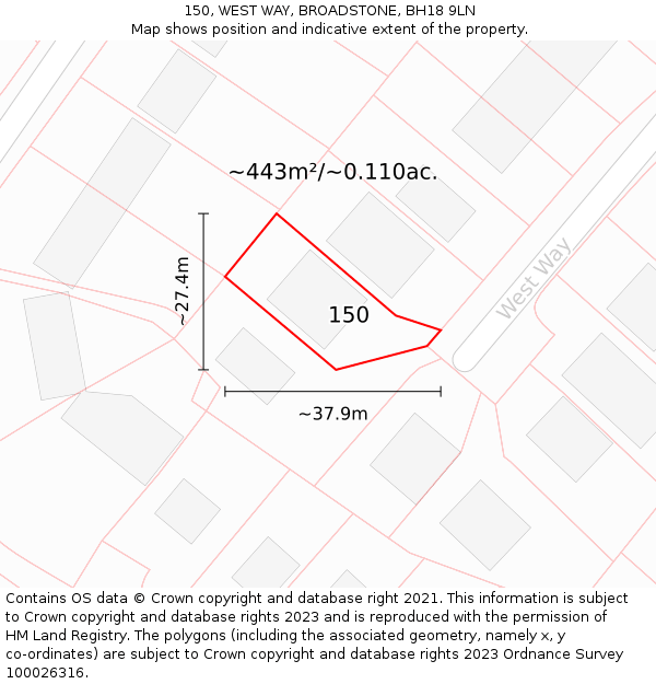 150, WEST WAY, BROADSTONE, BH18 9LN: Plot and title map