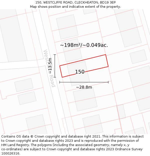 150, WESTCLIFFE ROAD, CLECKHEATON, BD19 3EP: Plot and title map
