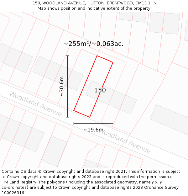 150, WOODLAND AVENUE, HUTTON, BRENTWOOD, CM13 1HN: Plot and title map