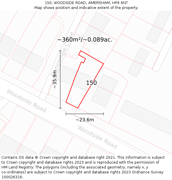 150, WOODSIDE ROAD, AMERSHAM, HP6 6NT: Plot and title map