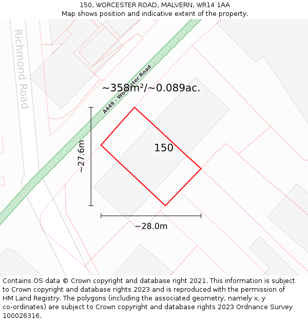 150, WORCESTER ROAD, MALVERN, WR14 1AA: Plot and title map