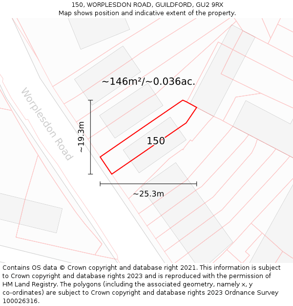 150, WORPLESDON ROAD, GUILDFORD, GU2 9RX: Plot and title map