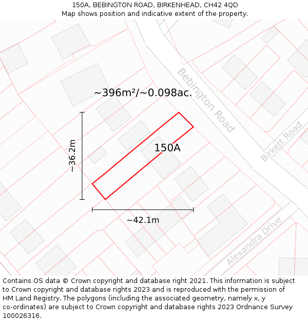 150A, BEBINGTON ROAD, BIRKENHEAD, CH42 4QD: Plot and title map