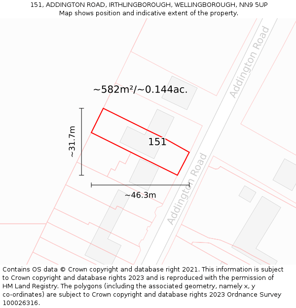 151, ADDINGTON ROAD, IRTHLINGBOROUGH, WELLINGBOROUGH, NN9 5UP: Plot and title map