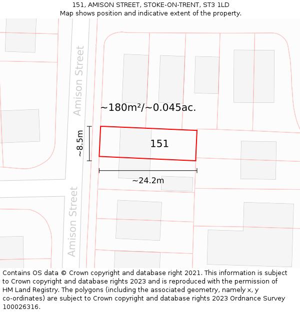 151, AMISON STREET, STOKE-ON-TRENT, ST3 1LD: Plot and title map